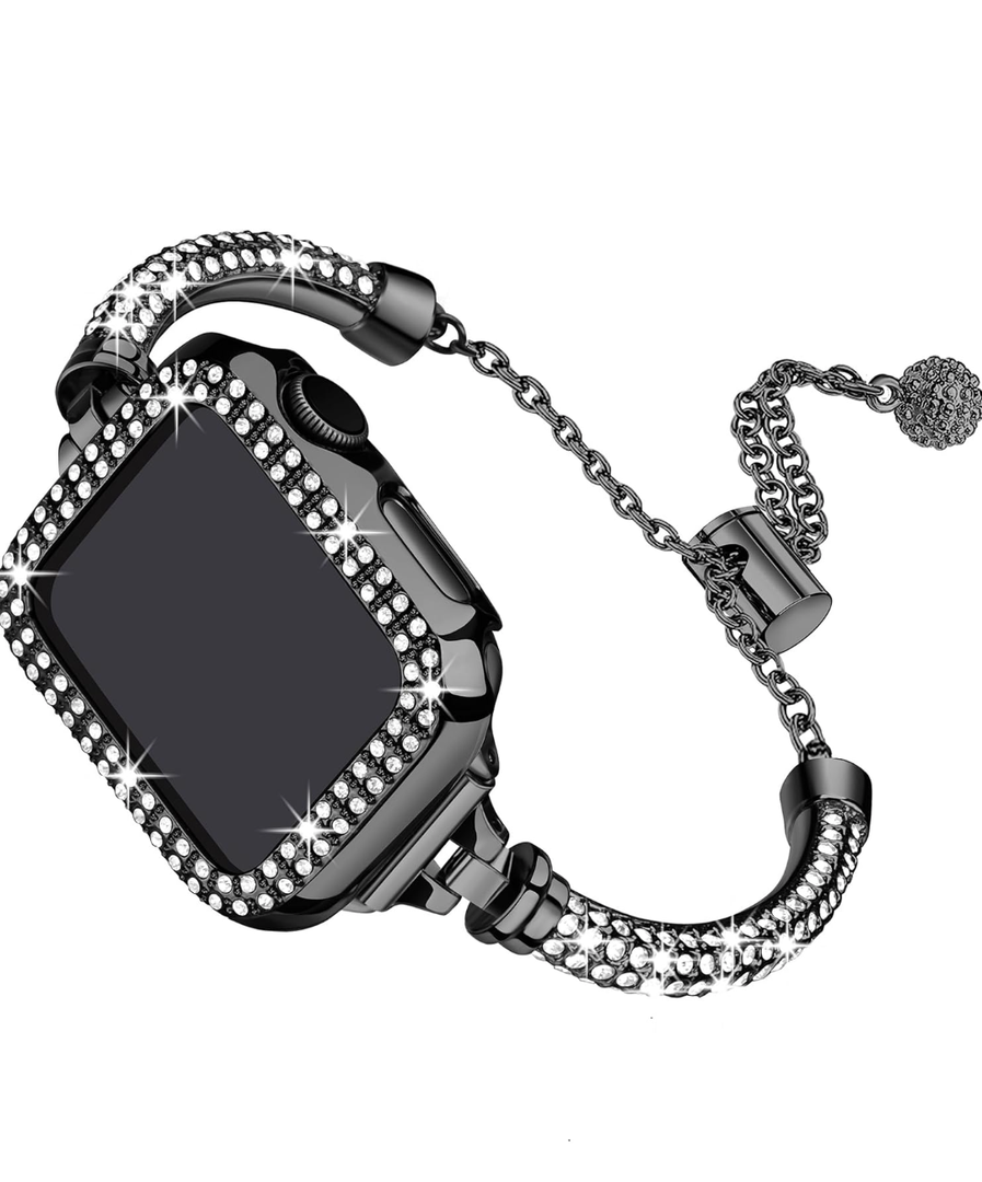 Secbolt Bling Band and Case Compatible with Apple Watch Band 38mm 40mm 41mm 42mm 44mm 45mm, Women Dressy Metal Bracelet with Rhinestone Bumper for iWatch Series 9/8/7/SE/6/5/4/3/2/1