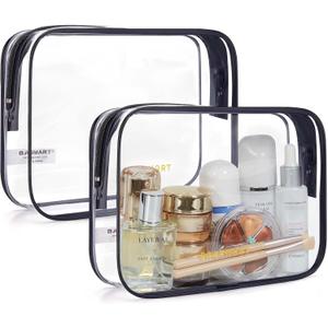BAGSMART Clear Toiletry Bag, 2 Packs TSA Approved Water resistant Quart Size Travel Organizer, Airport Airline Travel Essential Carry On Makeup Cosmetic Bags for Women, Black