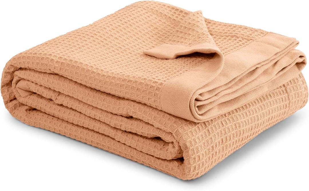 100% Cotton Beige Waffle Weave Lightweight Blanket Twin Soft, Breathable, and Cozy Bed Blanket for All Seasons