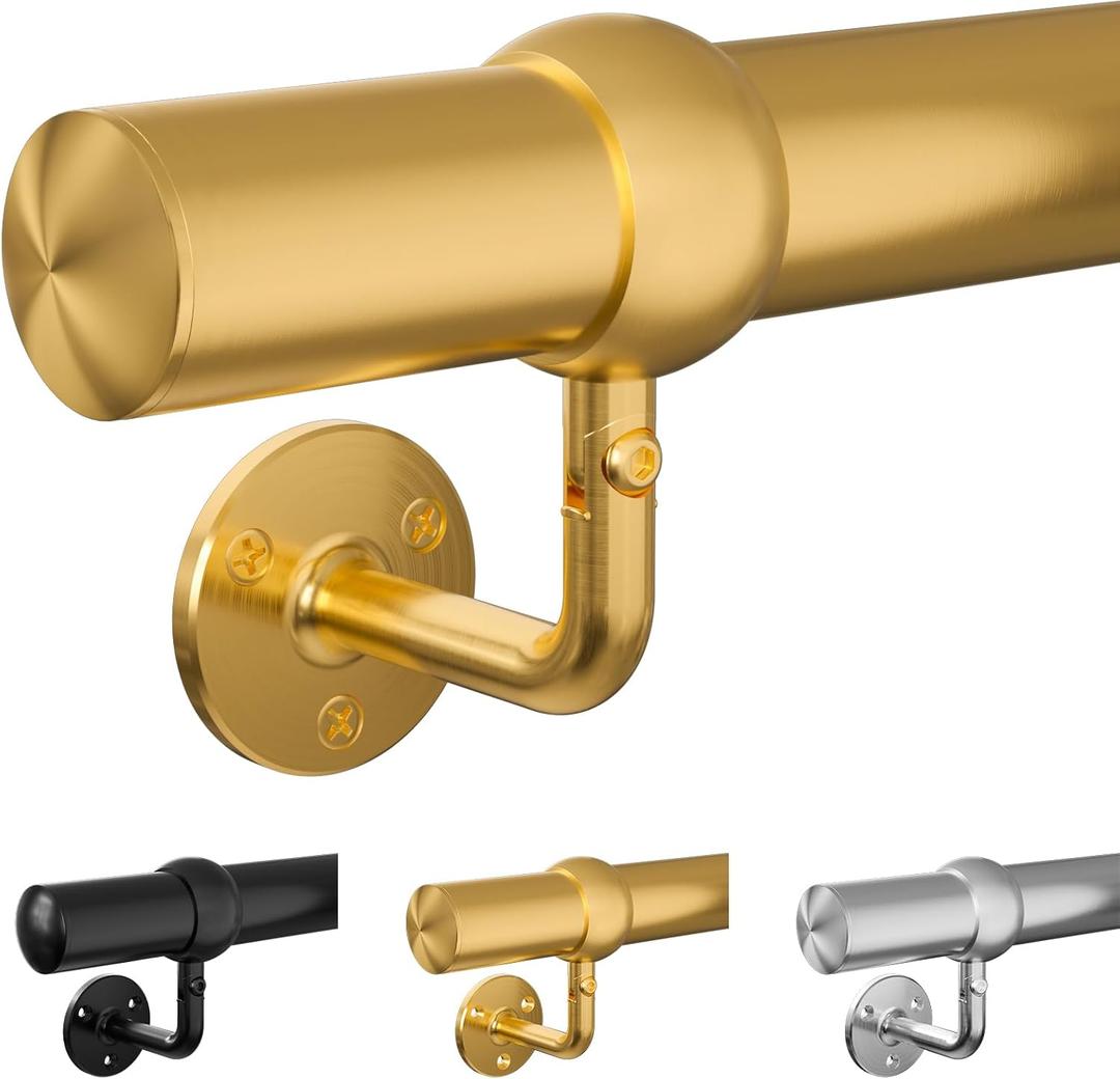 Stair Handrail Kit 4FT, Stainless Steel 304 Wall Mount Railing System, 1-11/16 Inch Pipe Secure Grab Hand Rail for Staircase Indoor House Decor Outdoor, Elegant Gold Finish- Golden