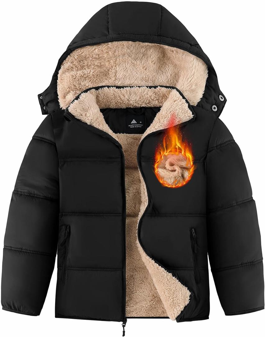 ZITY Boy's Winter Coat Thermal Puffer Jacket Warm Sherpa Fleece Lined Water-Resistant Zip Outerwear Coat with Detachable Hood (6-7 Years, Black)
