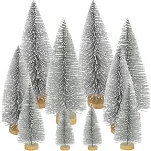 Yahpetes Christmas Trees 10 Pcs Bottle Brush Christmas Trees 5 Size Artificial Christmas Sisal Snow Frost Trees Pine Trees with Wood Base for Tabletop Christmas Party Home Indoor Decor(Silver)