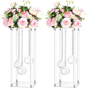 Yerliker 2 Sets 20'' Tall Acrylic Flower Vase Wedding Centerpieces Flowers Stand with Hanging Glass Tealight Globe Candle Holders, Crystal Garland Strands and Self Adhesive Hook (Cuboid)