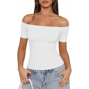 Fisoew Off The Shoulder Tops for Women - Going Out Summer Short Sleeve Shirts Cute Y2k Sexy 2026 Date Basic Outfits (White, S)