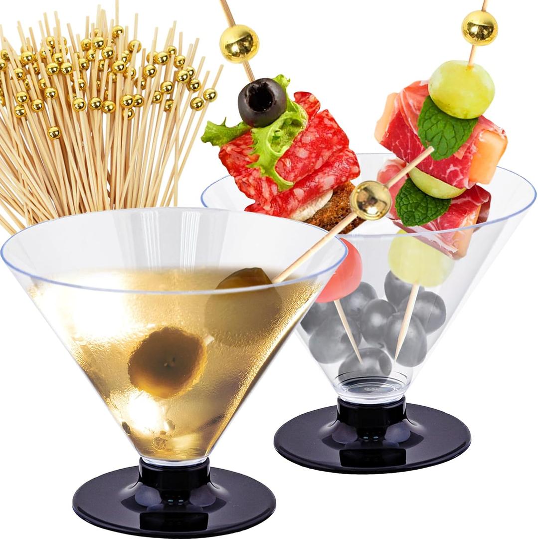 CUSINIUM 50 Clear Disposable Plastic Martini Glasses for Parties + 100 Cocktail Picks Bundle, 4.9 Oz
