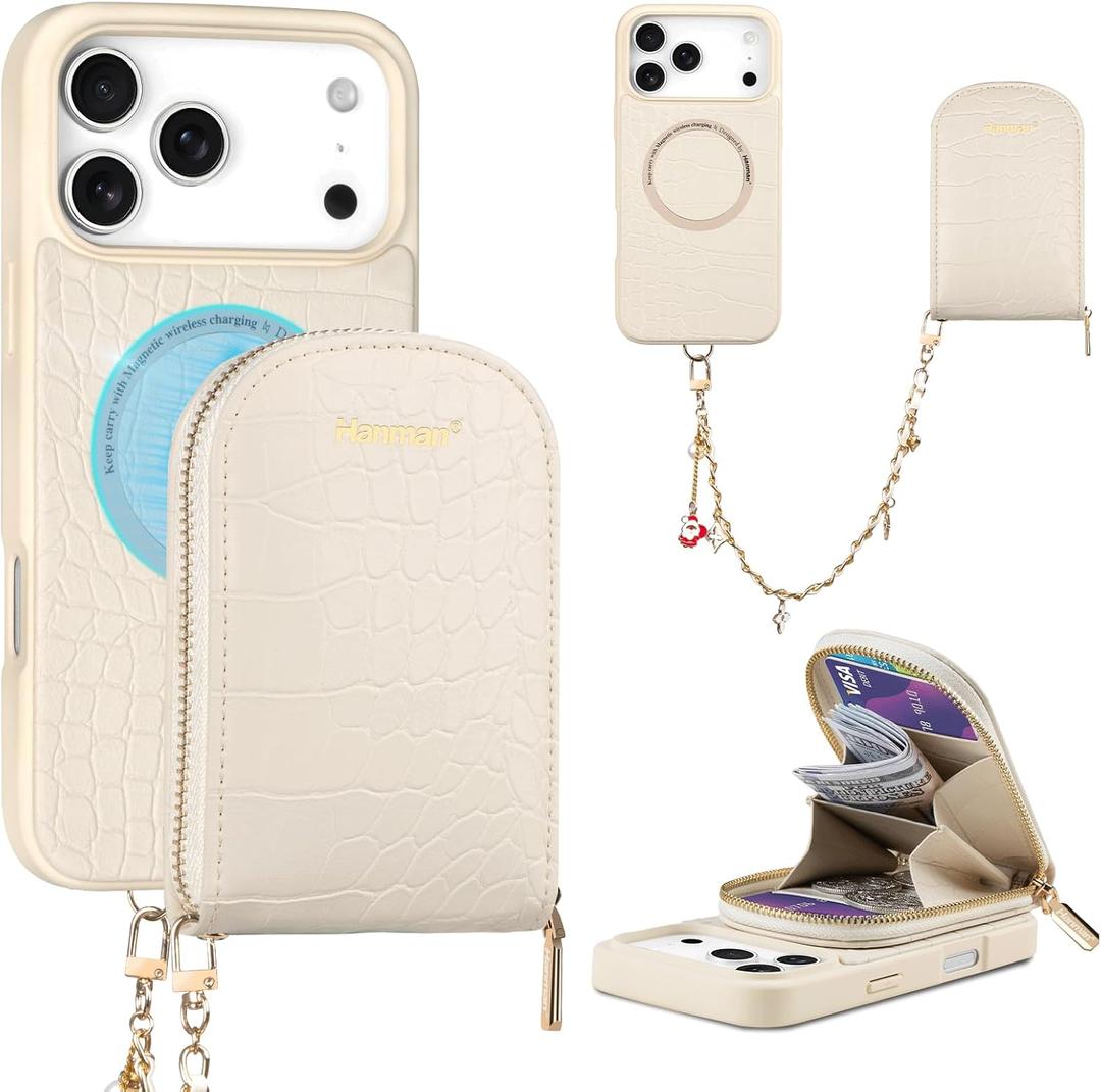 Hanman Magnetic Wallet Case for iPhone 17 Pro,RFID Blocking Leather Zipper Purse Magnetic Case with Chain Patche for iPhone 17 Pro,2 in 1 Detachable Magnetic Wallet Cover-Beige