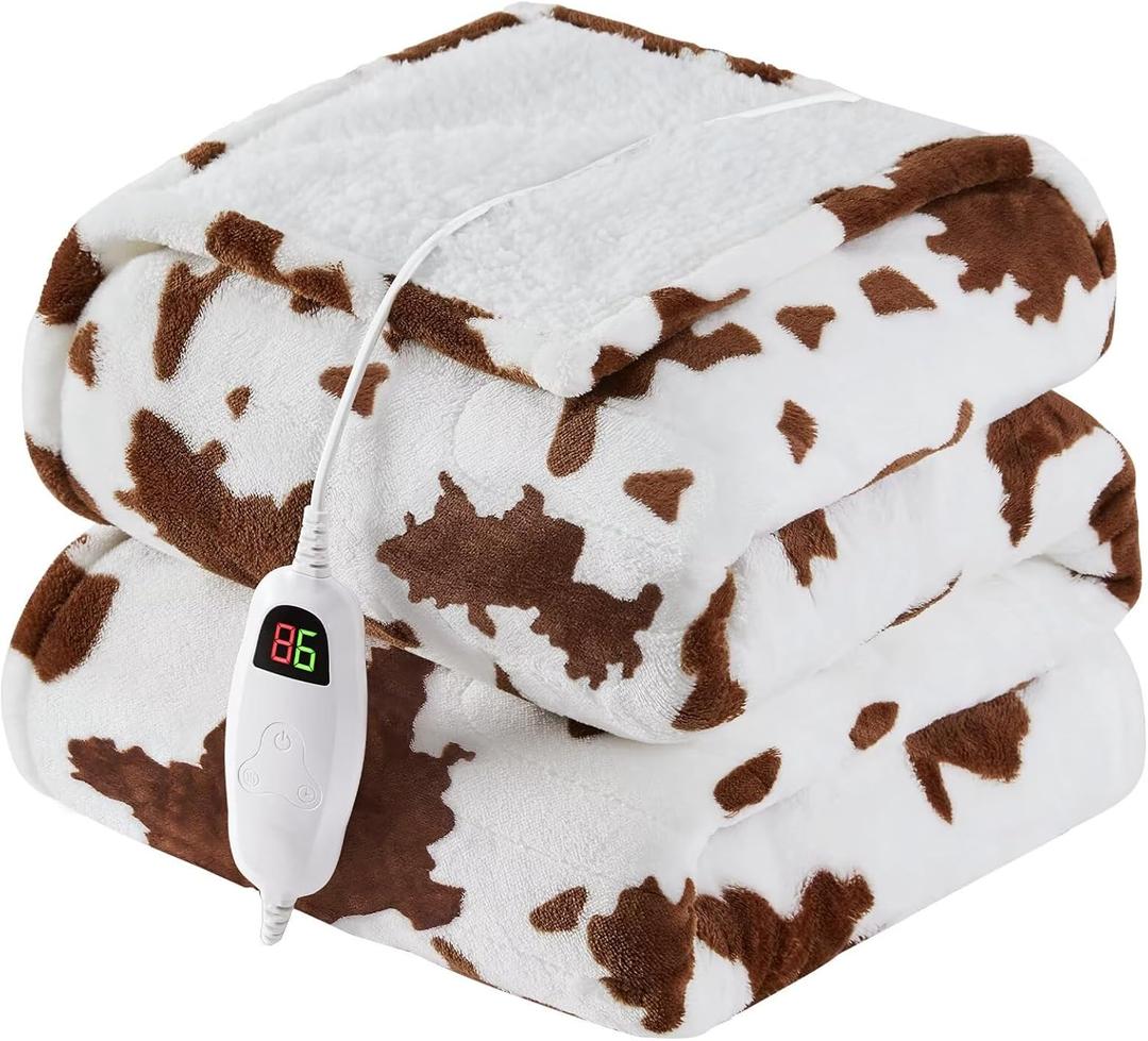 Cow Print Heated Electric Blanket Throw,50X60 Brown Heating Blanket with 10 Heats Levels & 8 Hours Auto Off, Western Highland Cow Decor Stuff Fleece Sherpa Blankets Warmer Gifts for Women Adults