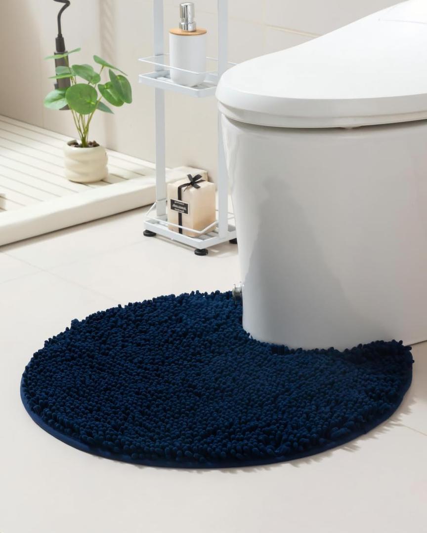Soft Shaggy Round Toilet Rug U Shaped for Bathroom, Excellent Absorbent Contour Toilet Mat Machine Washable, Non-Slip Microfiber Chenille Bathroom Rugs 24" Navy Blue