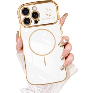 Fiyart Designed for iPhone 16 Pro Max Case, Cute Wave Frame Curly Shape Love Hearts Plating for Women Girls Camera Protection Compatible with MagSafe Magnetic Shockproof Bumper 6.9"-White