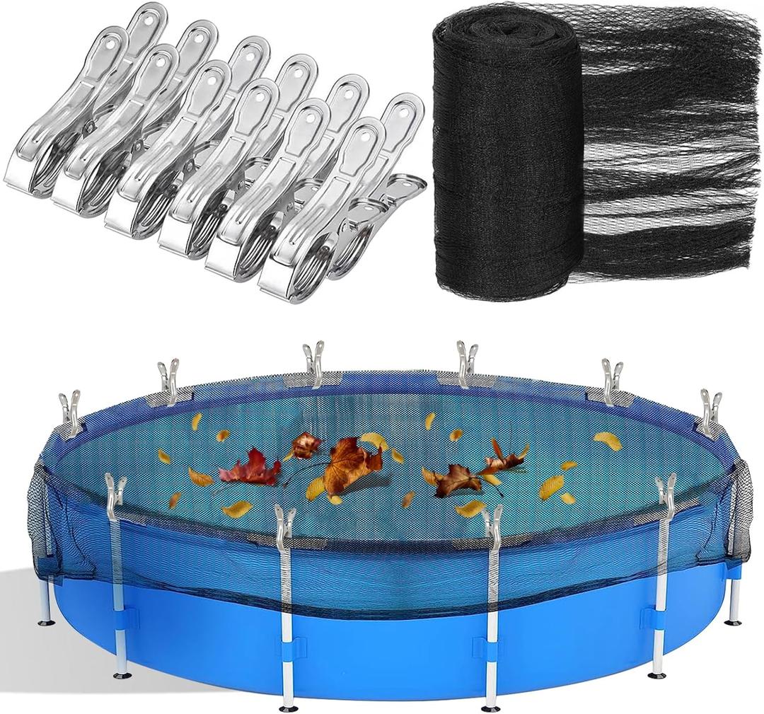 15 Feet Round Leaf Net Cover for Above Ground Pool, Winter Cover Mesh Cover with 12 Pcs Large Metal ClipsPool Safety Net Fits 15FT Above Ground Pools, Keeps Leaves Out of Your Pool Black