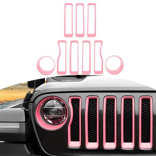 RT-TCZ for Wrangler JL Mesh Front Grille Grill Insert Headlight Light Cover Trim for Jeep Wrangler JL JLU 2018-2022 Pink Exterior Accessories 9pcs