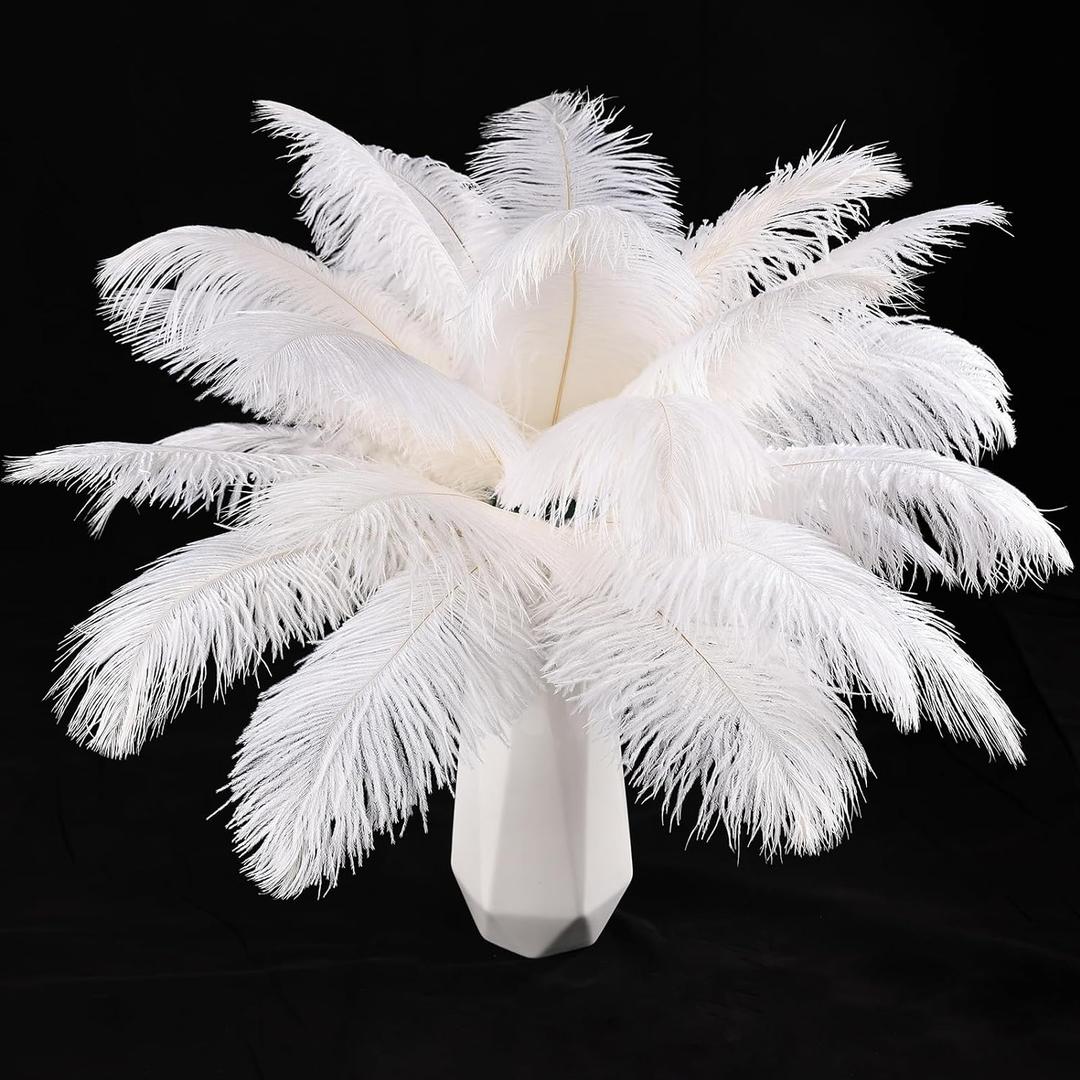THARAHT White Ostrich Feathers 12pcs Natural Bulk 10-12Inch 25cm-30cm for Crafts Wedding Party Centerpieces Easter Gatsbi and Christmas Tree Decoration Feathers, White 
