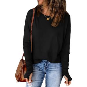 OFEEFAN Long Sleeve Shirts for Women Tunic Tops Thumb Hole Oversized Tshirts Fall Outfits (XX-Large, Black)