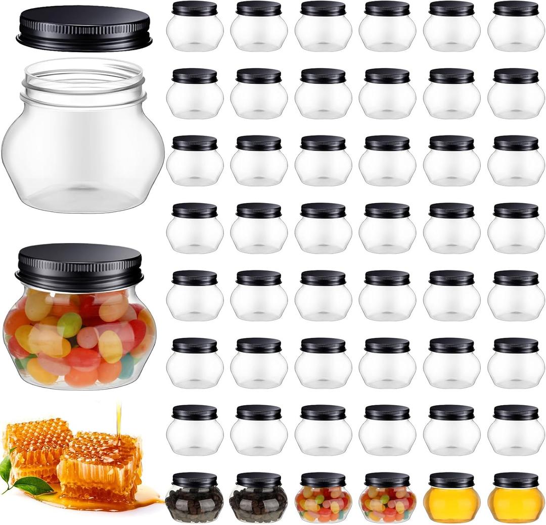 48 Pcs 4 oz Clear Plastic Jars with Lids Wide Mouth Mason Canning Jars Mini Storage Containers Bulk for Herb Jelly Wedding Favors Shower Party Favors (Black)