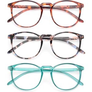 IBOANN Chic & Comfy Blue Light Glasses for Women - 3-Pack Round Frames, Screen-Ready Style with UV Protection Coating (A2 Peacock Green&tanzanite Tortoise&amber Tortoise)