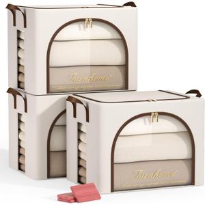 Furnhome 3 pack Clothes Storage Bins with metal Frame, sweater storage for closet, Stackable Storage bins for clothes, Foldable Clothing Storage bins with Cedar Blocks& Windows&Zippers|40L-Light Grey