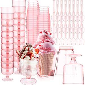 300 Pcs Pink Dessert Cups with Spoons Mini Clear Plastic Dessert Parfait Cup Dessert Square Shot Glasses Round Goblet Shooters Plastic Spoons for Fruit Ice Cream Cake Party Supplies (5 oz)