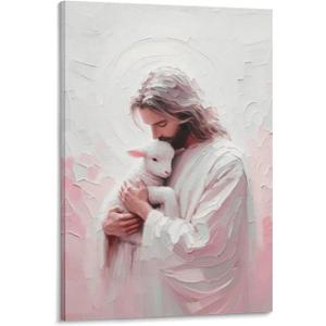 Jesus Kissing The Lamb - Christian Art, Jesus And The Lamb, Jesus Pink Painting Christian Gift Jesus Canvas Painting Living Room Church Wall Decoration Painting 12x18inch(30x45cm) (Frame-style)