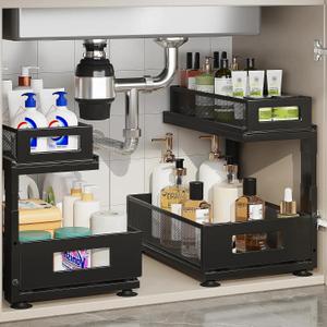 2 Pack Under Sink Organizer with Next-Gen Ball-Bearing Slides,2-Tier Pull Out Cabinet Storage,Height Adjustable Drawer Shelf for Bathroom,Kitchen,Laundry,Cabinet,Pantry, Black