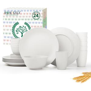 Homienly Premium Wheat Straw Dinnerware Sets - 24 PCS Dinner Plates,Plates,Cereal Bowls,Drinking Cups,Lightweight & Unbreakable Dishes Sets for 6,Dishwasher & Microwave Safe for Home - White