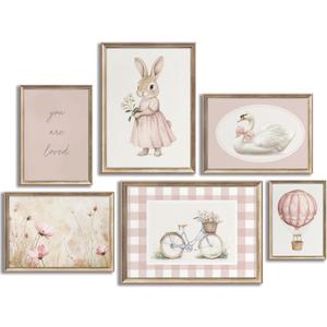 2 x 6Pcs Pink Nursery Bunny Wall Art Kids Swan Flower Painting Pictures Cute Rabbit Animal Poster Prints Retro Hot Air Balloon Canvas Wall Decor for Kid Baby Girls Bedroom Unframed