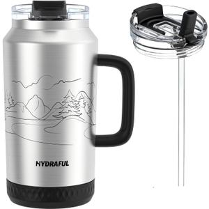 Hydraful 64 oz Tumbler with Handle and Straw - 100% Leak-Proof - Insulated Cup Reusable Stainless Steel Large Water Bottle Travel Mug for Gym, Hiking, and Camping - Gifts for Women Men Him Her (Silver)