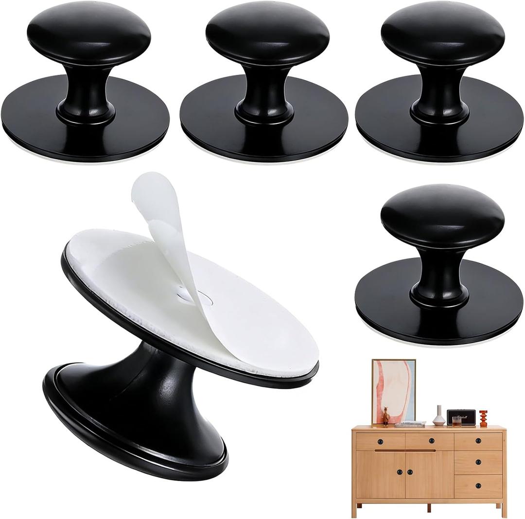 Adhesive Cabinet Knobs, Peel and Stick Cabinet Handles 5PCS | No Drilling, Kitchen Cabinets Handles, Black Dresser Knobs, for Sliding Glass Door, Refrigerators, Windows, Closets