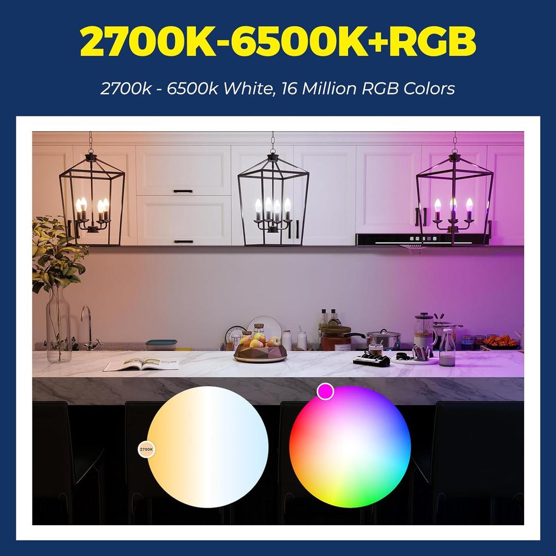 Lightinginside E12 Smart Light Bulbs 60W Equiv., Work with Alexa/Google Home/Smart Life, 500LM 6W RGBCW Candle Candelabra LED Light Bulbs, No Hub Required, 2.4G WiFi Bluetooth Bulb, ETL Listed, 2PCS