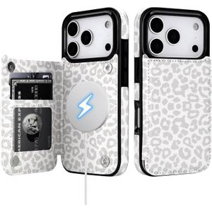HAOPINSH Wallet Case for iPhone 17 Pro, Compatible with MagSafe Wireless Charging, White Leopard Cheetah Pattern Back Flip Folio Leather Kickstand Card Slots Case Double Magnetic Clasp Cover 6.3"