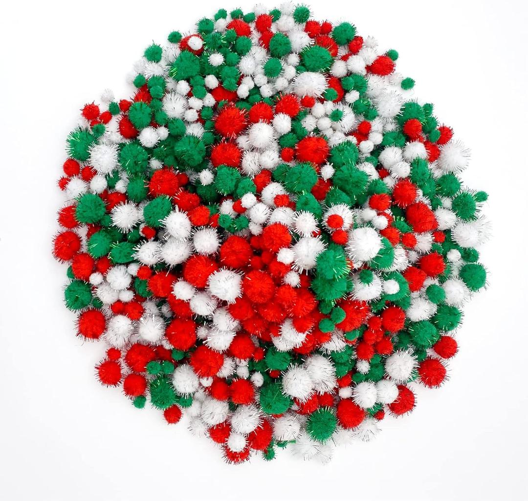 Lusy DM 1200 Pieces Christmas Pom Pom Glitter Pom Pom Balls Christmas Tinsel pom pom for Craft Making and Hobby Supplies (4 Sizes, White, Red, Green)