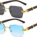 AIEYEZO Retro Rimless Sunglasses Rectangle Unisex Vintage Frameless Sun Glasses Fashion Square Tinted Glasses (2 Pack (Gold/Grey + Gold/Blue Gradient))