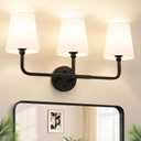 MOKATNG Bathroom Light Fixtures, 3-Light Matte Black Vanity Lights, Bathroom Lighting Fixtures Over Mirror with Flared White Fabric Shade, Modern Wall Sconces for Living Room Hallway