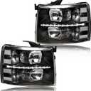 LED Headlight Assembly, Compatible with 2007-2013 Chevy Silverado 1500/2007-2014 Silverado 2500HD 3500 NOT Fit 2007(Old Body) Classic Models Black Housing Clear Reflector