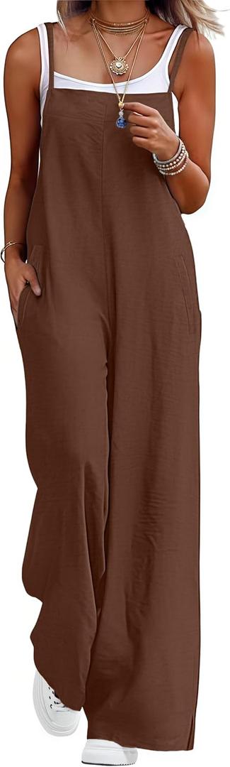 Lepunuo Womens Casual Loose Jumpsuits Summer Boho Wide Leg Rompers Sleeveless Overalls with Pockets (X-Large, Brown)