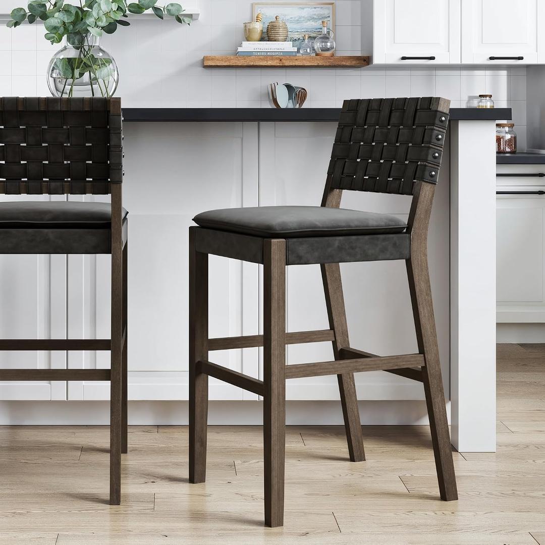 Nathan James Cohen Mid-Century Modern 29 in. Wood Bar Stool, Upholstered Faux Leather Bar Height Stool with Solid Wood Frame, Black
