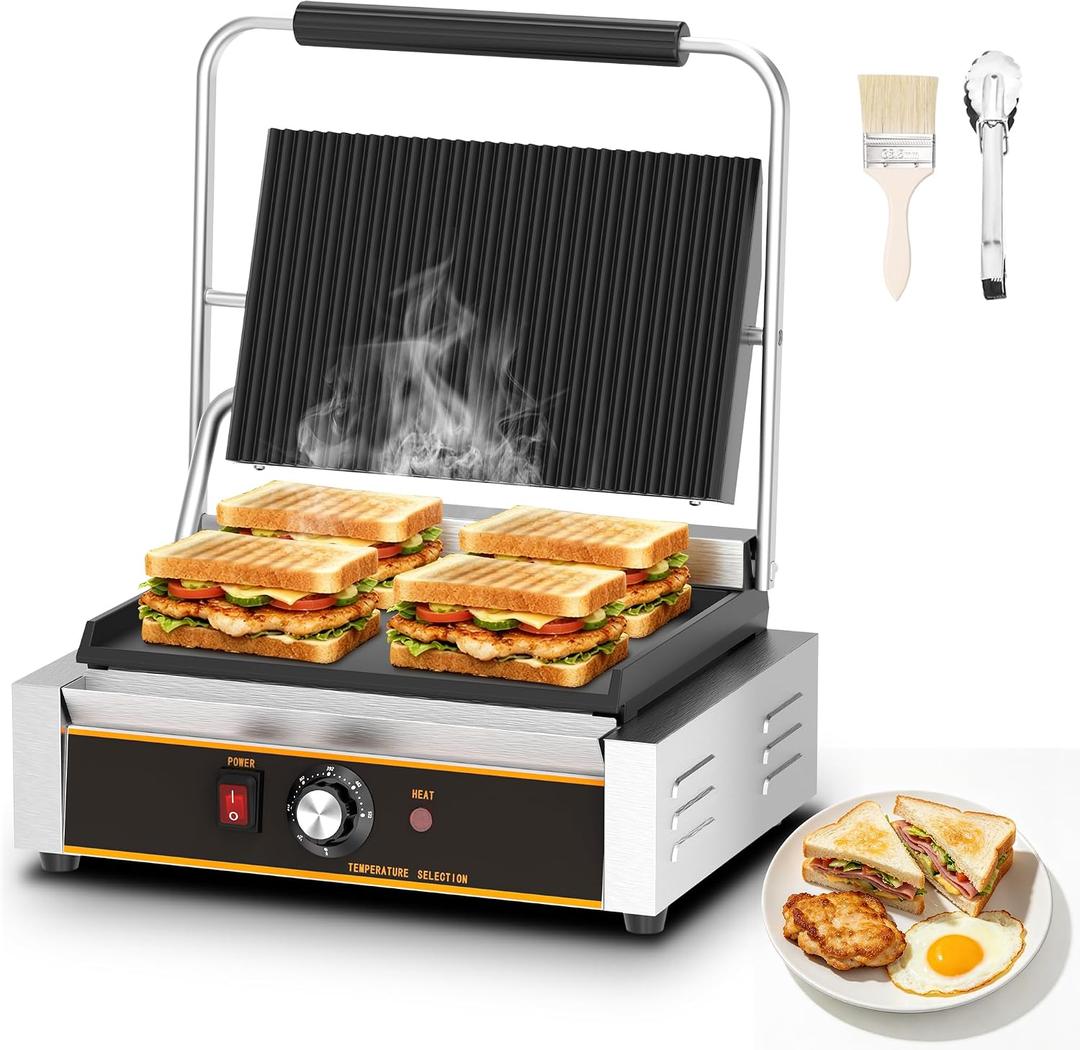Commercial Panini Press - 2200W Electric Panini Sandwich Grill w/Nonstick Coating & Adjustable Temp, Panini Grill Press w/14"x9" Cooking Pan (Grooved Top & Flat Bottom), Double-sided Heating