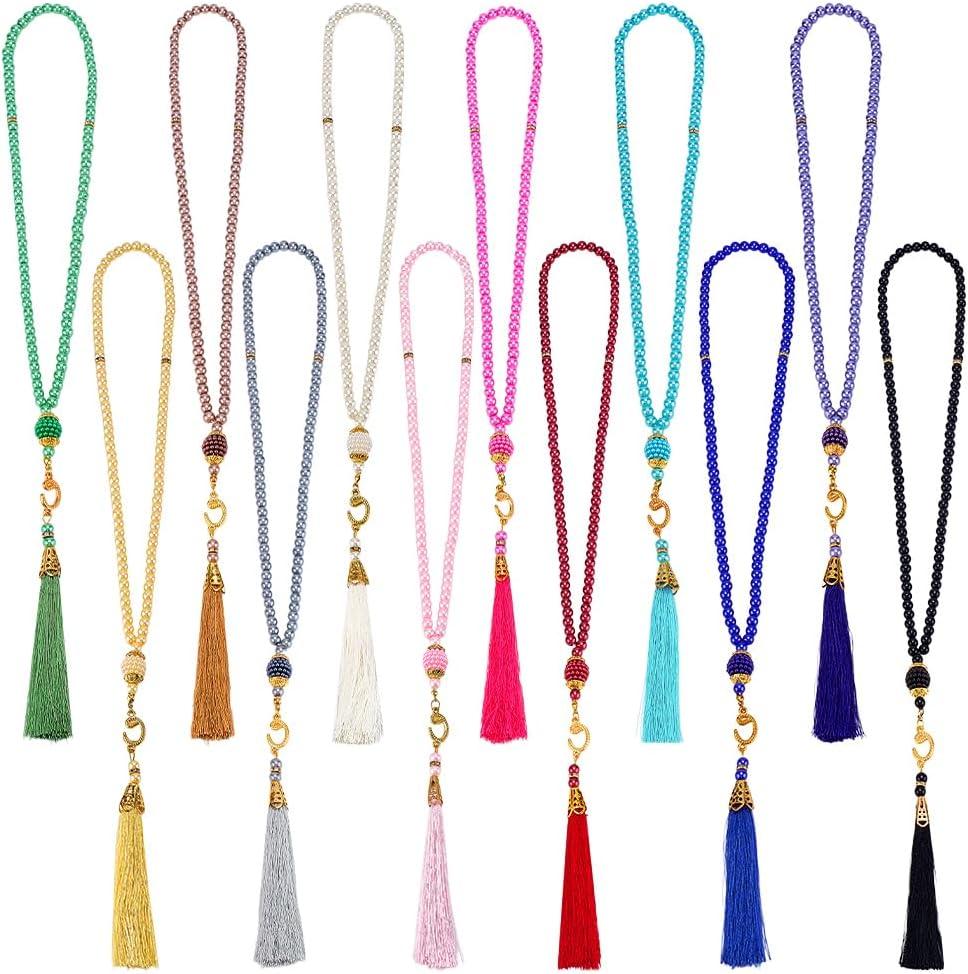 PH PandaHall 12pcs Ramadan Tasbih Prayer 99 Beads Islam Prayer Tasbih 6mm Rosary Muslim Misbaha Tasbeeh Bracelet with Tassel Beaded Glass Pearl Bracelet Gifts for Easter Women Men, 12 Colors