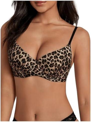 OYOANGLE Women's Leopard Print V Neck Spaghetti Strap Bras Underwire Push Up Bralettes Size 85C
