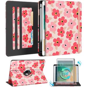 Kidcube for iPad 5th Generation Case 2017/Air 1st 2013/Pro 9.7 Inch Case 2016 - Women Girls Kids Cute Rotating Stand Folio Cover with Pencil Holder & Card Slot Girly Kawaii Floral Flower Design Cover