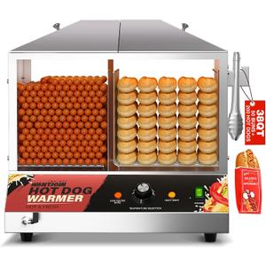 WantJoin Commercial Hot Dog Steamer - 38QT/36L Electric Hot Dog Steamer and Bun Warmer, Stainless Steel Hot Dog Cabinet with Tempered Glass 200-275 Sausages & 40-45 Buns
