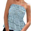 PRETTYGARDEN Women's Boho Tube Tops 2025 Summer Strapless Off Shoulder Eyelet Smocked Peplum Trendy Going Out Bandeau Top (S)