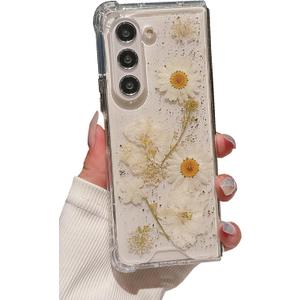 for Galaxy Z Fold 6 Case,Cute Soft Pressed Dry Real Flower Floral Flexible Glitter Slim Women Girl's Protective Phone Cover (Clear)