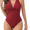 AI'MAGE Women's One Piece Swimsuits V Neck Tummy Control High Waisted Bathing Suit Halter Top Swimwear (X-Large, Wine Red)