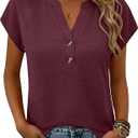 ANRABESS Womens Tops Dressy Casual Cap Sleeve Summer Tunic Blouses Textured V Neck Henley Shirts 2026 Work Business Outfits (XXL)