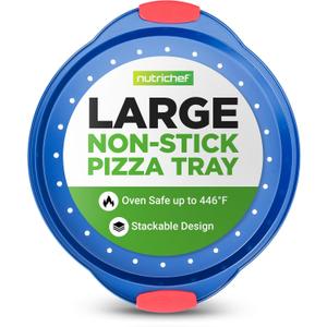 NutriChef 13-Inch Nonstick Pizza Tray - Round Carbon Steel Non-Stick Pizza Baking Pan with Perforated Holes, Premium Bakeware Pizza Screen with Silicone Grip Handles, Dishwasher Safe - Blue