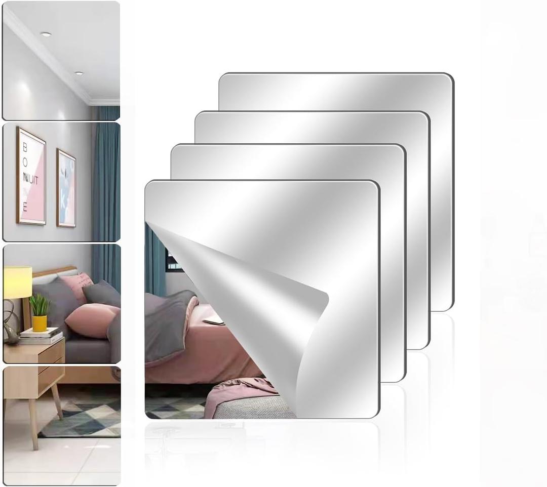 Acrylic Wall Mirror Full Length, 8 x 8 Inch Self Adhesive Frameless Small Mirror Tiles, Flexible Plastic Mirror Sheets for Bedroom Home Gym Door (8"x 8")