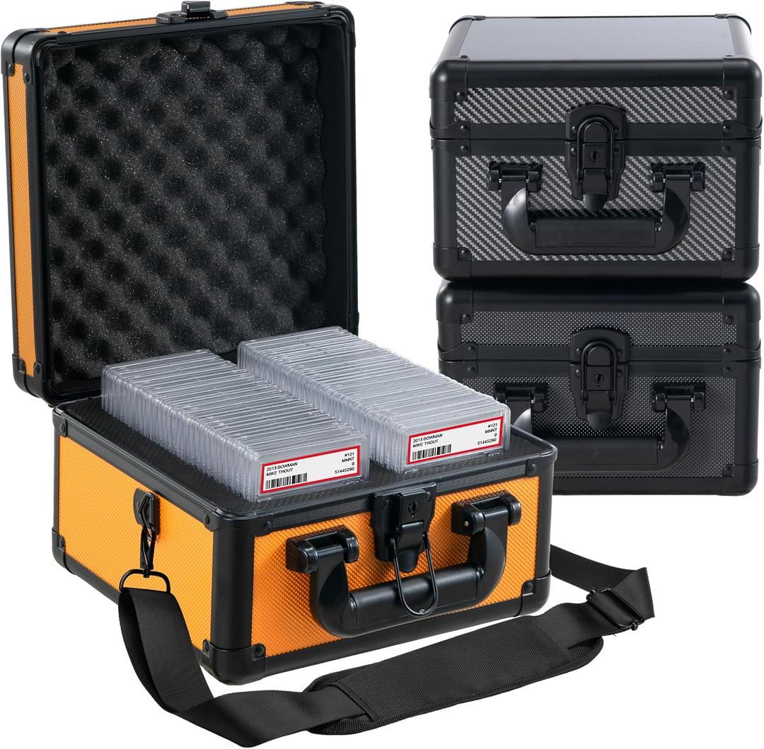 Graded Card Storage Box Aluminum Alloy Trading Cards Case Holds 55+ Graded Cards, Sports Card Storage Box with Lock, Fits PSA, CSG, BGS (Small Orange)