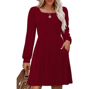 OFEEFAN Womens Knit Sweater Dress with Pockets Square Neck Long Sleeve Dresses (Small, Burgundy)