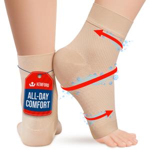 KEMFORD Ankle Compression Sleeve with Cooling Effect - Plantar Fasciitis Braces - Open Toe Compression Socks for Swelling, Sprain, Neuropathy, Arch Support for Men and Women - L, Beige