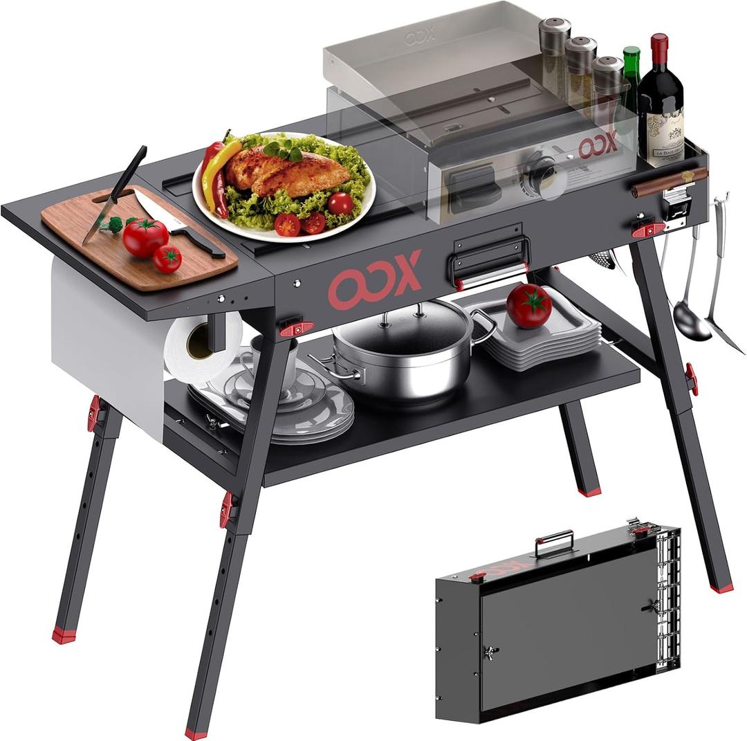 OOX Portable Grill Table with Double-Shelf for Outdoor Prep,Folding Grill Stand, Tabletop Propane Gas Grill Cart, Camping BBQ Cooking, Stainless Steel, Black  , Size 30×16 in.